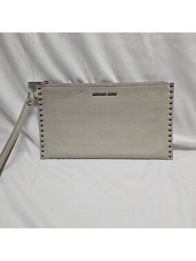 Michael Kors Selma Studded Leather Wristlet Clutch Grey Silver OS
